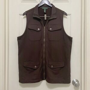 Lauren Ralph Lauren Zip Front Vest Brown 100% Cotton Utility‎ 4 Pocket Size 1X